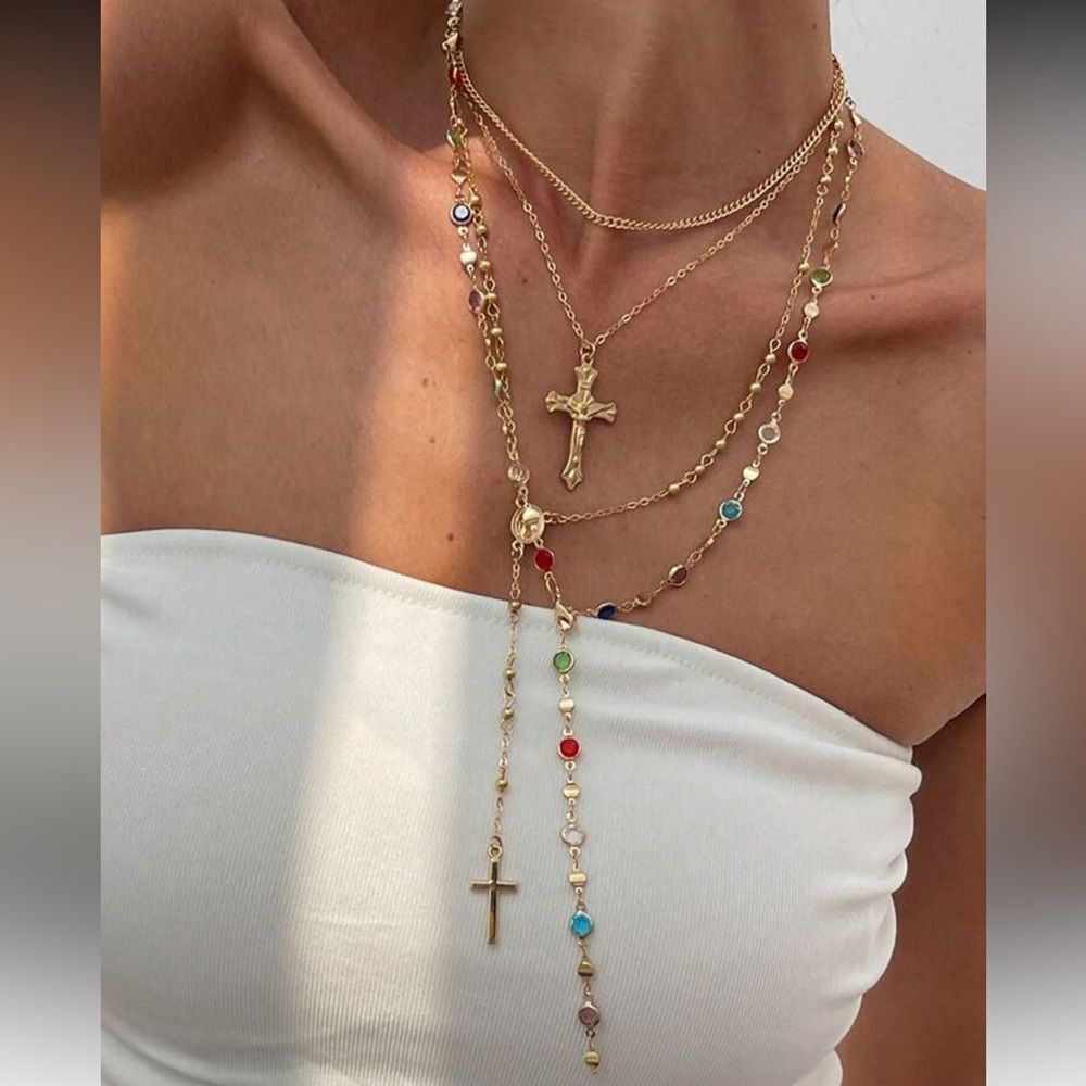Multi-Layer Necklace with Cross Pendants A1223